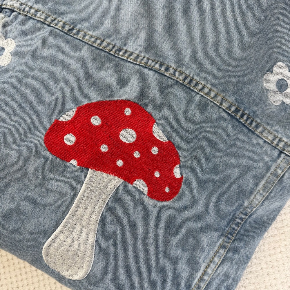 Miss Sparkling Blue Denim Jacket Mushroom Flower Embroidered Light Wash Medium